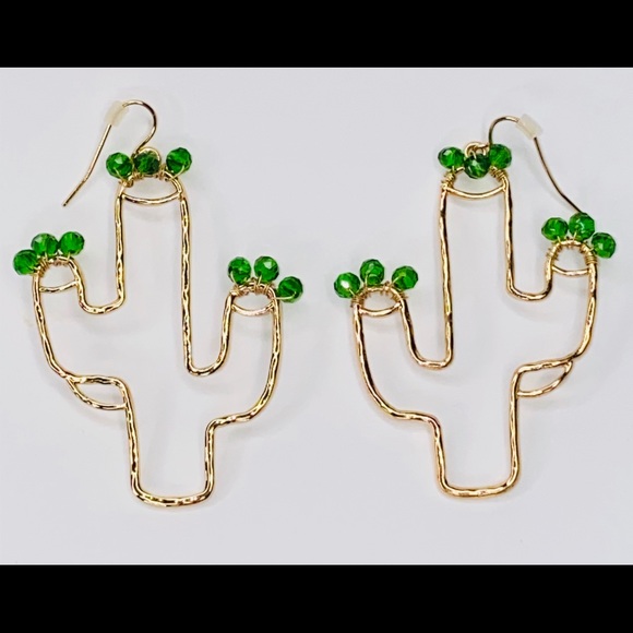 Cactus Earrings Saguaro Gold Tone Green Glass Bead - Picture 6 of 7